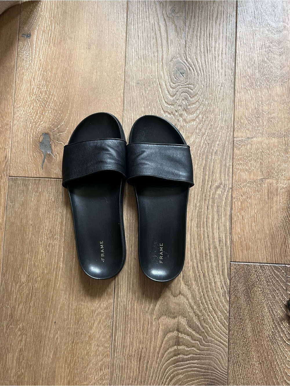 Frame Denim “Le Osbourne”Black Leather Slides/Mules